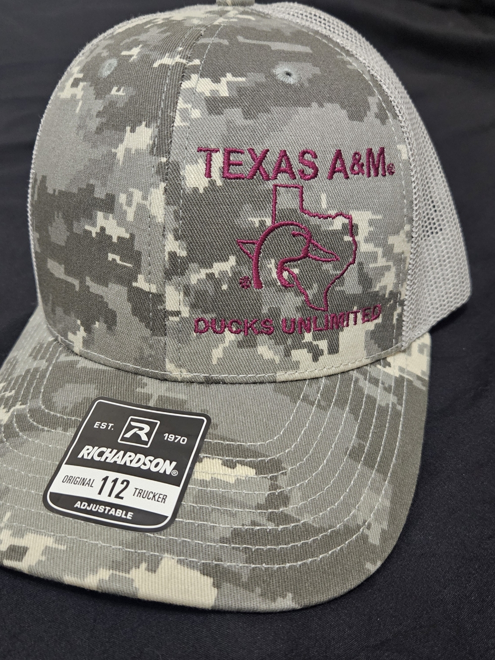 Richardson Texas A&M Ducks Unlimited Camo Trucker Hat - Gray/Magenta